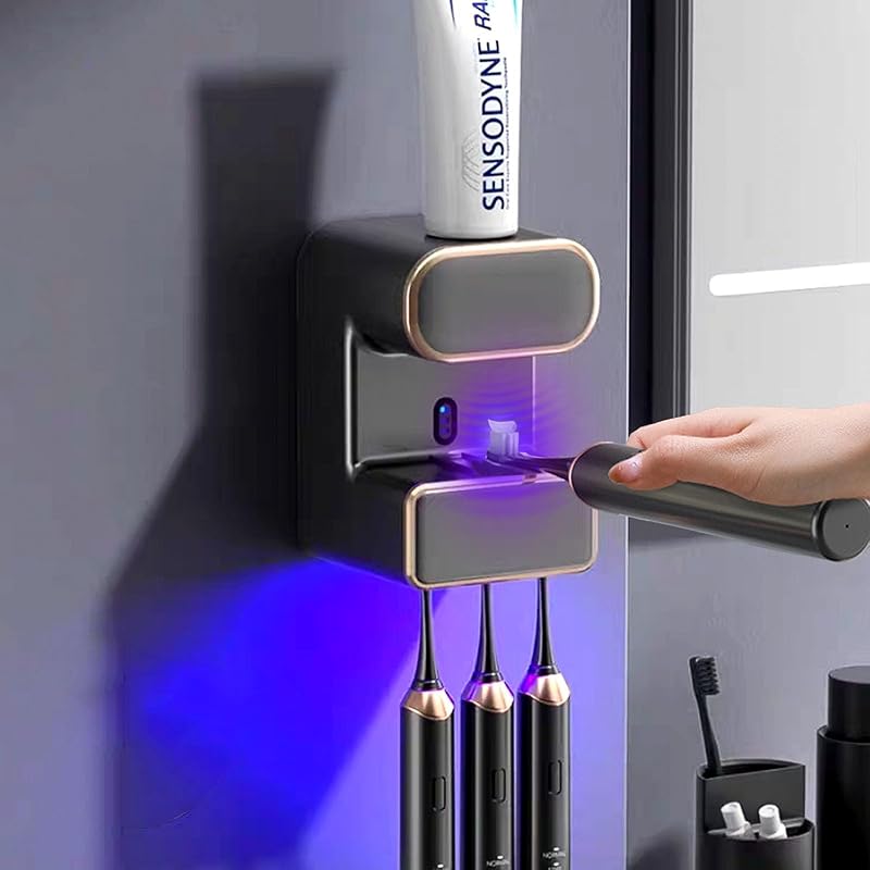 Automatic Toothpaste Dispenser, Electric Toothpaste Dispenser Multi-Function, Toothpaste Dispenser Wall Mounted with 3 Brush Slots, Toothbrush