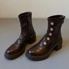 thick-soled Martin boots women's high-heeled badge metal buckle rear zipper elastic thin boots non-slip