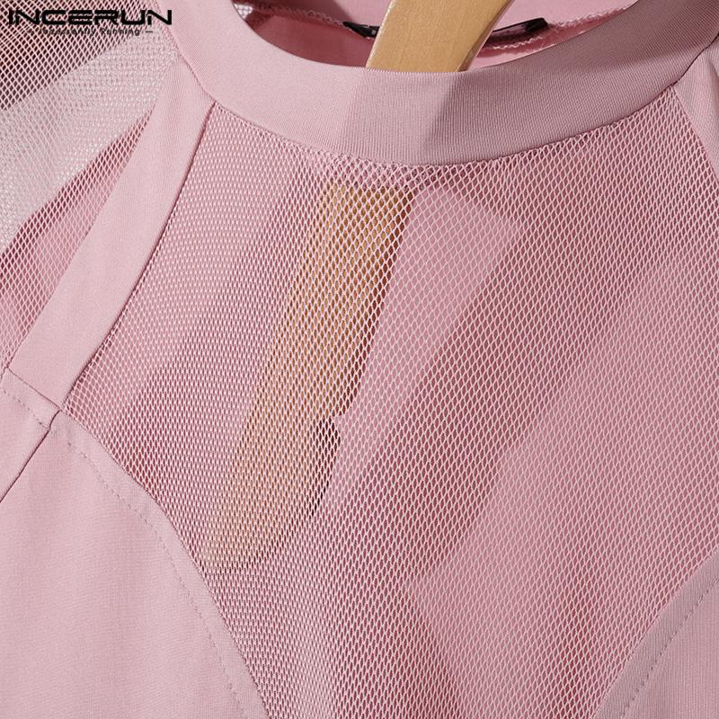 INCERUN Pánské letní tričko s krátkým rukávem síťované průhledné tričko Patchwork Party Clubwear Tops