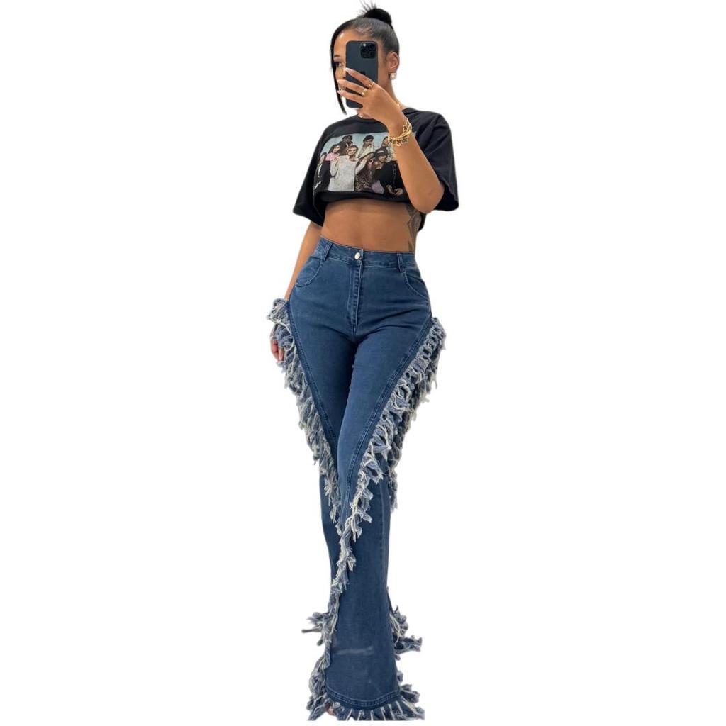 Women's Tassel Raw Hem Slim Flare Denim Pants