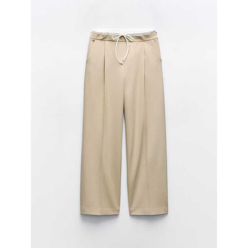 

Za2025 Spring New Women s Clothing Straight-leg Double Layer Waist Wide Leg Plaid All-Matching Casual Trousers 1608225 Sand color L