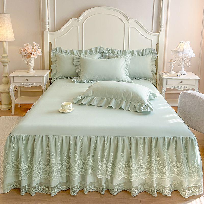 3pcs Solid Color Double-Layer Lace Embroidered Bed Skirt Kit with 1pc Bed Skirt + 2pcs Pillowcases Easy-to-Remove Mattress Protector Cover