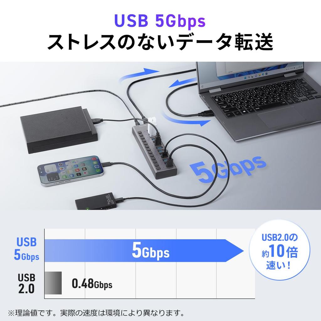 Sanwa Direct USB Hub with Individual Switches and USB USB 400-HUBA50GM 13-Port Self-Powered Charger, 3.2/5Gbps