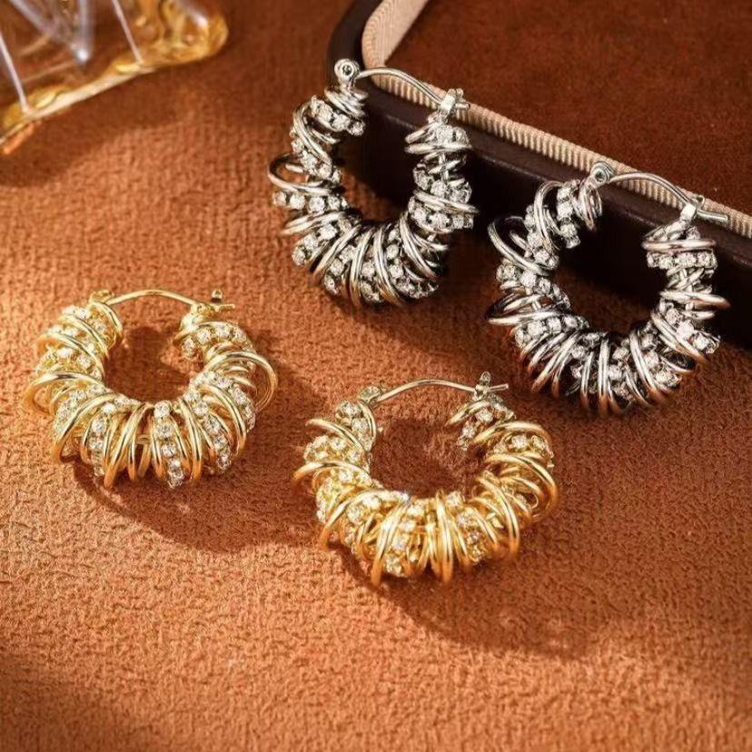 European and American Diamond Studded Spiral Wound Earrings with Spring Loops, Trendy Ear Buckles, Light Luxury and Cool Style E