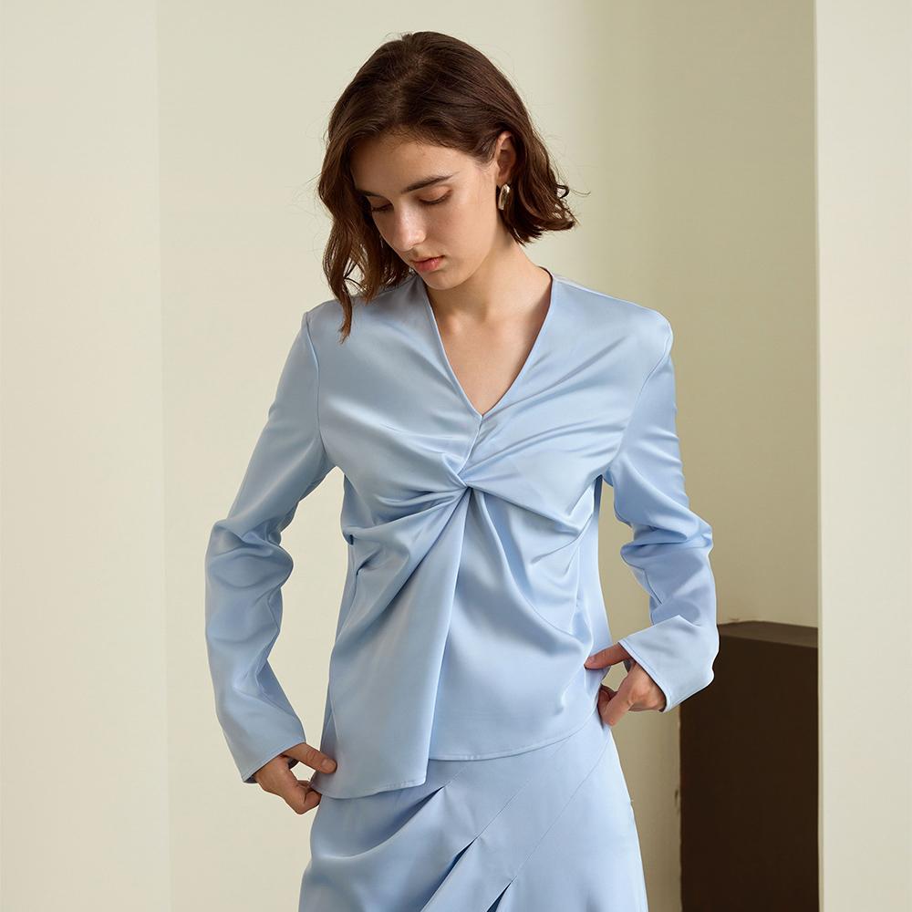 Waiwaiaiem Yy_Blue Elegant Pleated V-Neck Shirt