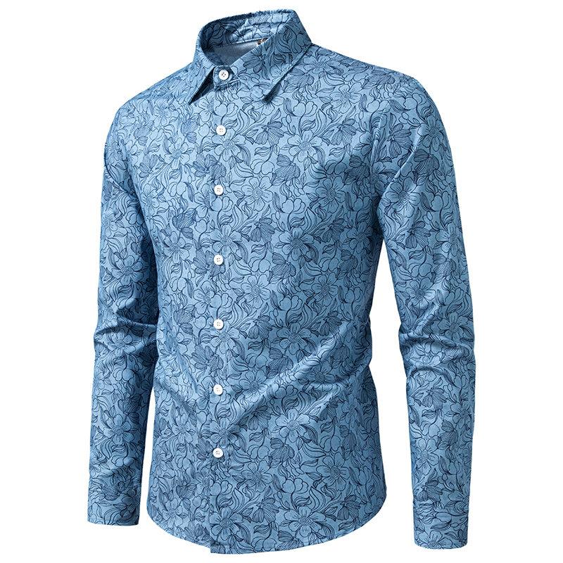Mens Elegant Blue Floral Printed Shirts Vintage Clothing Chemise Hommes Manche Longue Blusa Jeans Masculina Man Shirts