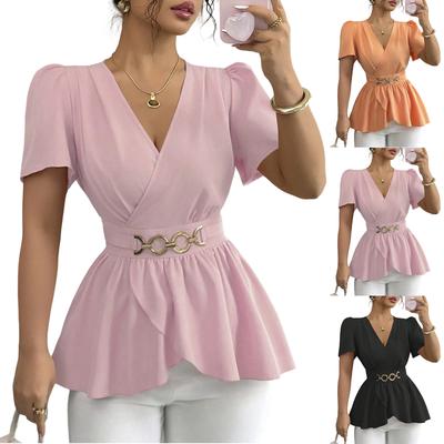 Ladies' Casual Loose And Fashionable  Short Sleeved V-neck Pullover Top