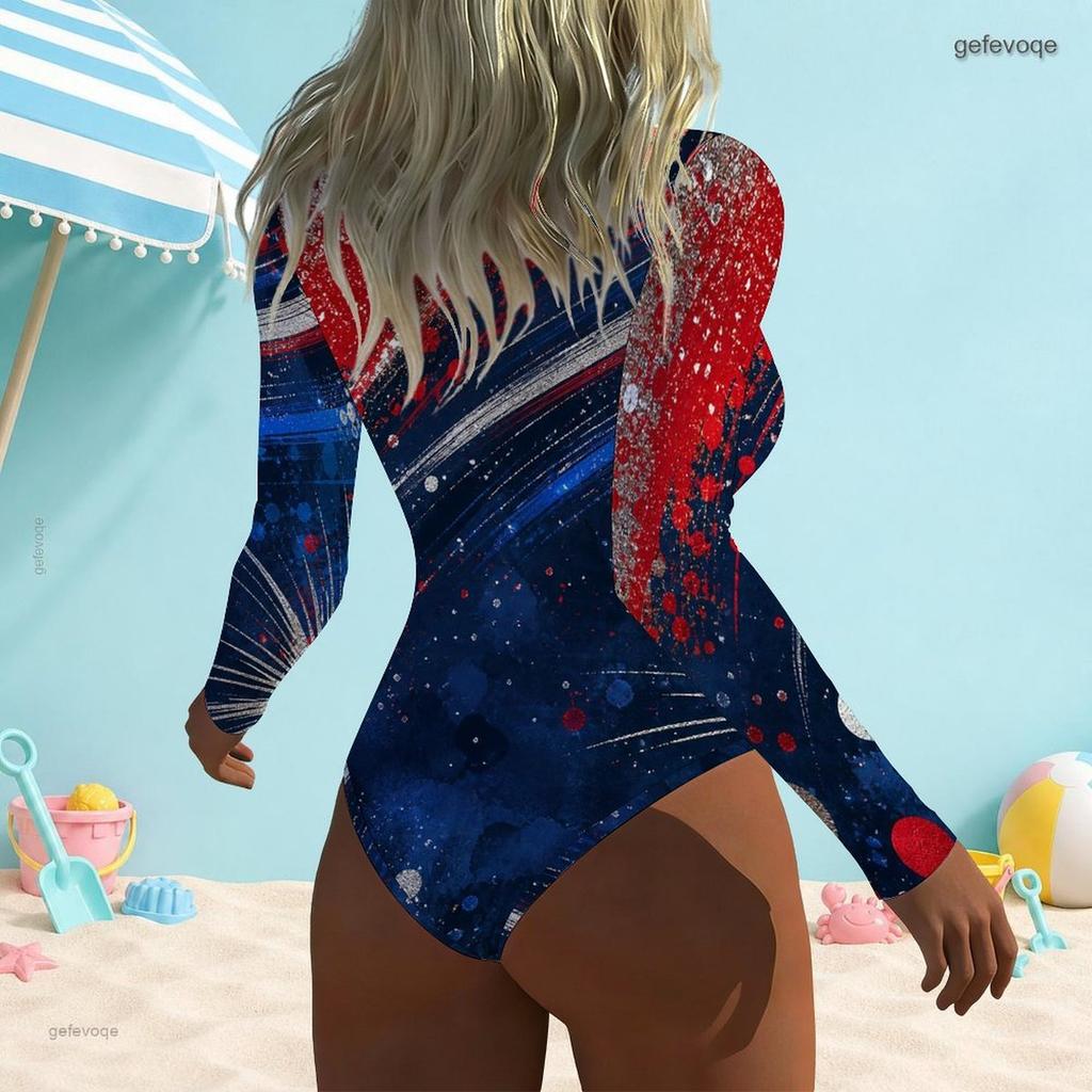 Women Plus Size High Neck Front Zip Long Sleeve One Piece Printed Swimsuit Red Blue White