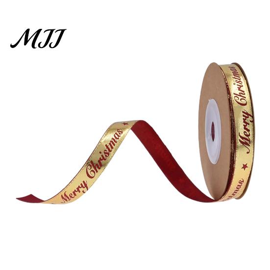 Metallic Christmas Tree Pattern Ribbon Gold Foil Ribbon, Merry Decorative Fabric Flexible for Holiday Crafts Gift Packing, Xmas Party Decorations