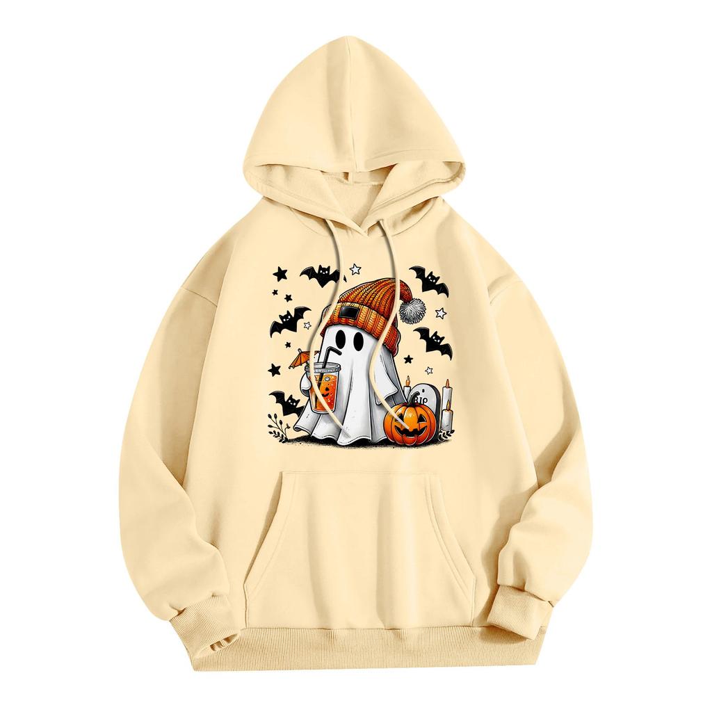 Damska moda Damska lekka bluza z długim rękawem i kieszeniami Halloweenowa graficzna bluza z kapturem