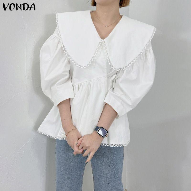 VONDA Women Casual Lapel Neck Solid Color Irregular Loose 3/4 Sleeve Blouse