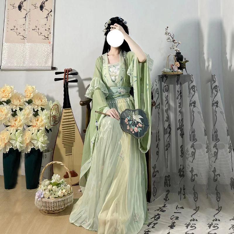 Chinese Wei And Jin Dynasties Style Hanfu Female Fairy Embroidery Full Set With Waist-length Sleeves