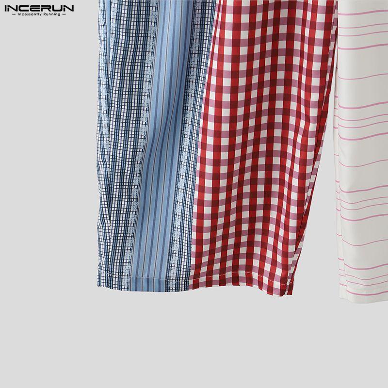 INCERUN Men's Patchwork Wide Leg Trousers Casual Loose Striped Plaid Pants Harajuku Streetwear Elastic Waist Bottoms