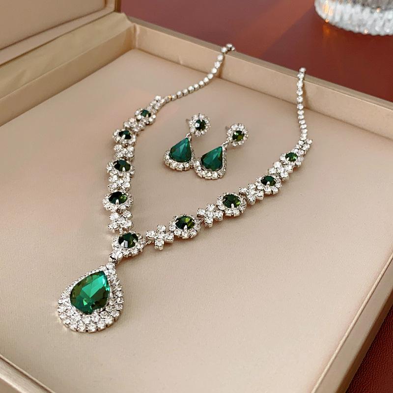 GemChic Women's New Light Luxury Green Crystal Rhinestone Drops Sparkling Pendant Necklace Earrings Two Piece Set Birthday Christmas Jewelry Gift