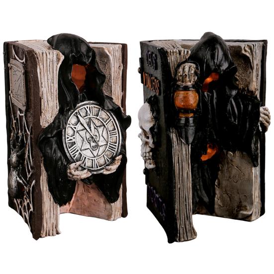 Halloween Skull Book Statue Spooky Resin Skull Spider Web Book Figurine with Grim Reaper Gothic Home Tabletop Decor
