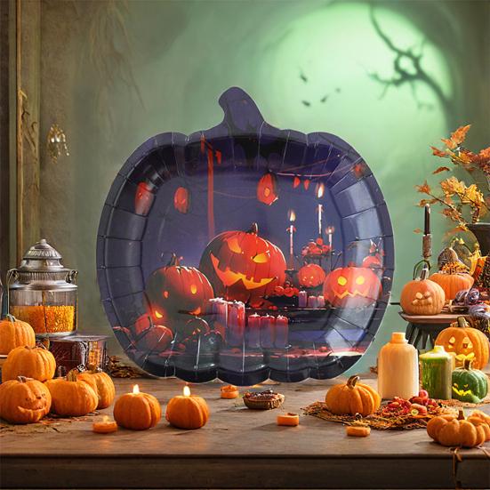 Halloween Pumpkin Paper Plates Black Orange Pumpkin Grimace Plates Disposable Serving Trays for Halloween Party Favors