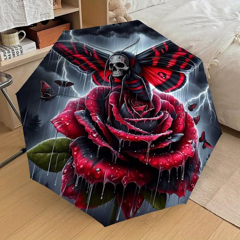 Red Rose Moth Automatic Folding Umbrella: Stylish Design with 8-Bone Frame, Perfect for Travelers and Daily Use - Ideal Gift for Fans and Oc