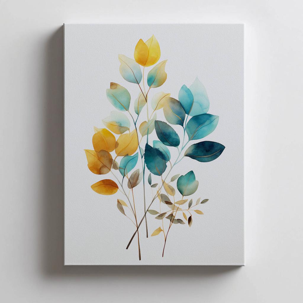 Golden Leaves In Watercolor Golden Leaves In Watercolor, 40X50 Cm, Gold Aluminum Frame, 230 Gsm Matte Paper