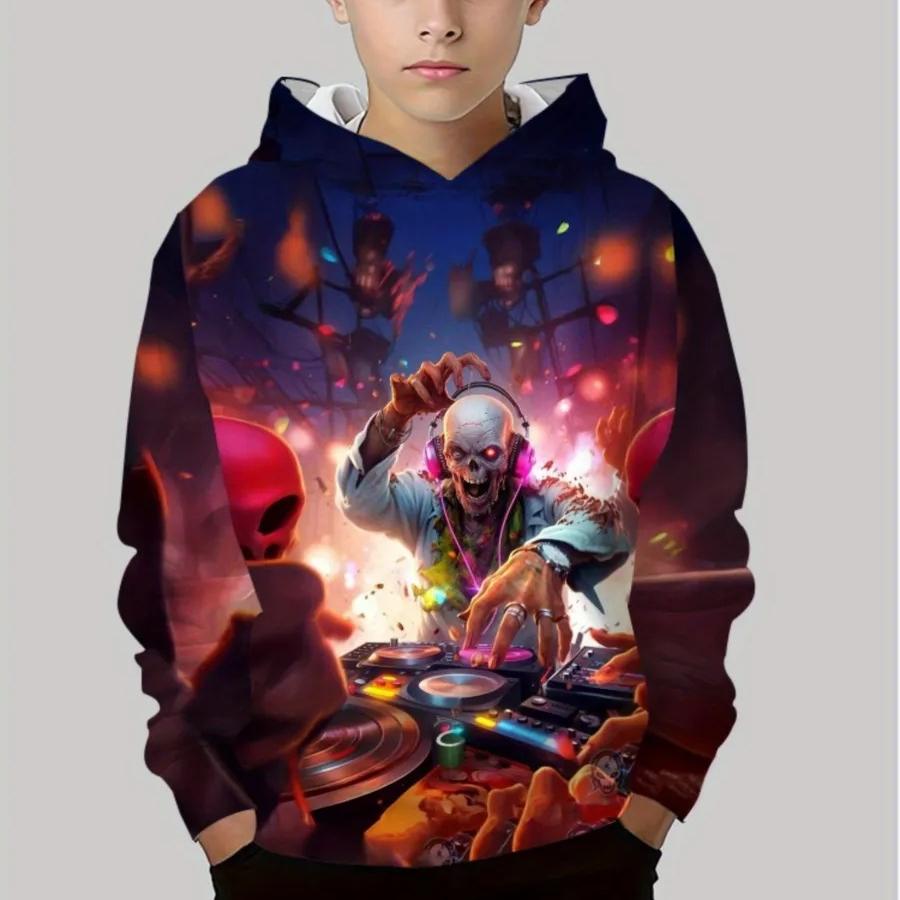 Autumn 3D Skull Printed Hoodies Fashionable Casual Sports Long Sleeved Children's Boy Hooded Sweatshirts