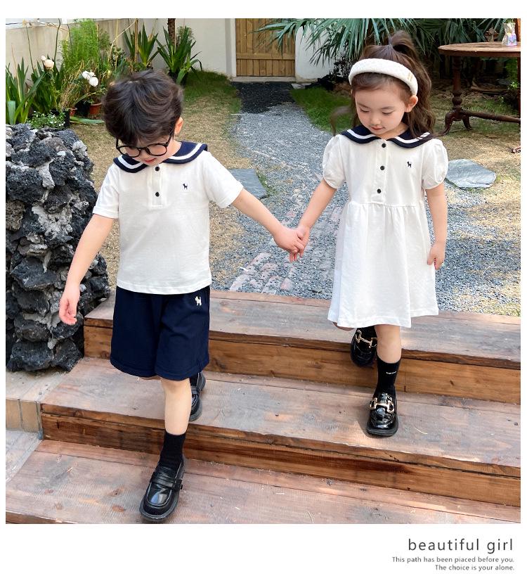 Summer Boys' Sailor Collar & Girls' Academy Style Dress Set - Children's Trendy Sibling Outfits.