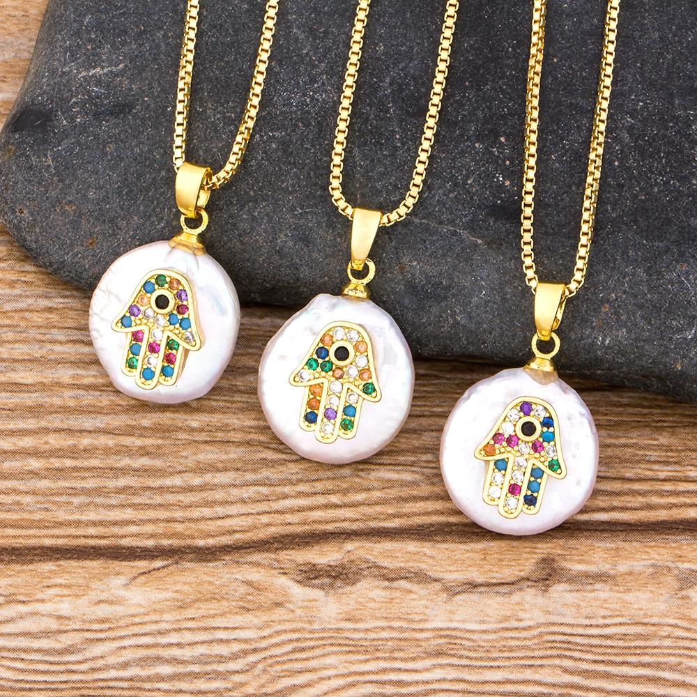 Nidin Hot Sale Women Men Hamsa Hand Necklace Gold Plated Copper Zircon Evil Eye Pendant & Chain Hip Hop Turkish Luck Jewelry