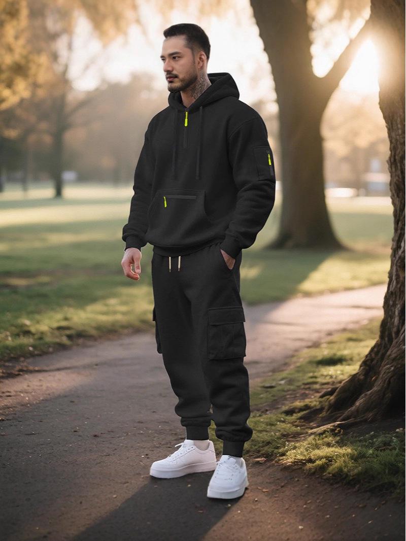 

2026 Men s Autumn/Winter Fashion Casual Half-Zip Multi-Pocket Hoodie & Sweatpants Set XXXL чорний