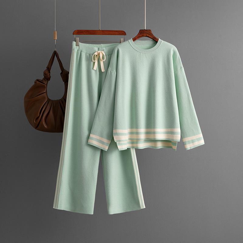 Fashion Suit Women's Autumn And Winter Knitted Round Neck Loose Fitting Pullover Sweater Wide Leg Pants Two-piece Set