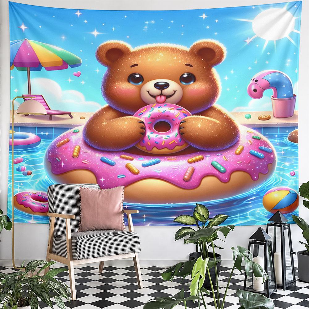 Cute Bear with Donut Pool Float Design Pattern Wall Hanging Tapestry Decorative Tapestry Home Decor for Bedroom and Living Room