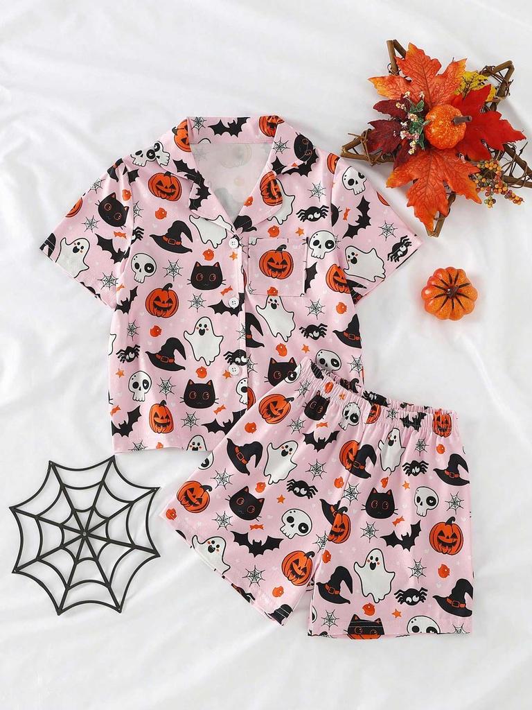 Dívčí pyžamový set Růžový s potiskem Halloweenských dýní a duchů, s knoflíky, krátkým rukávem, a šortkami, Dětské letní oblečení na doma, Pyžama pro dívky 4-7 let