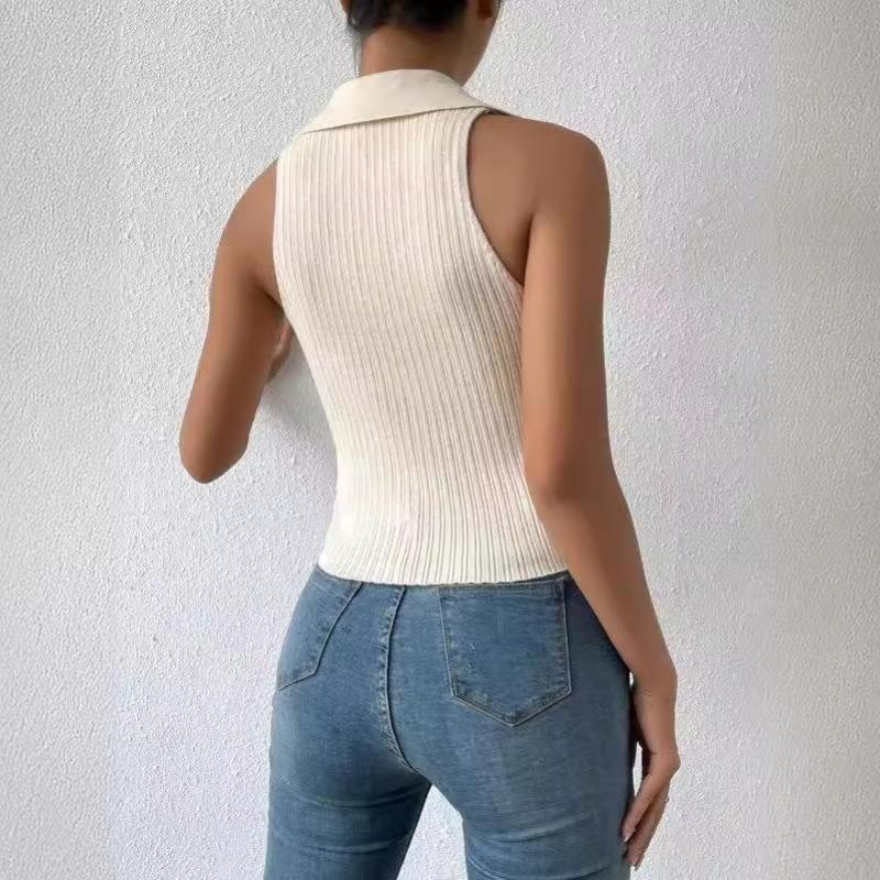 Dame Sommer Ny Ensfarget Polokrage Slim Ribbestrikket Ermeløs Strikkevest