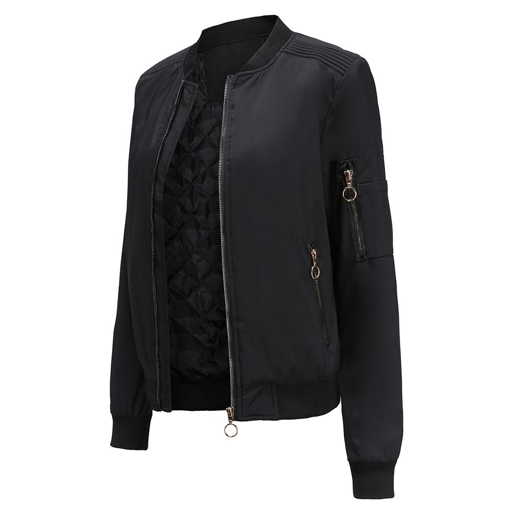 Women's Spring and Autumn Jacket Long-sleeved Zipper Side Pockets Casual Thin Bomber Jacket