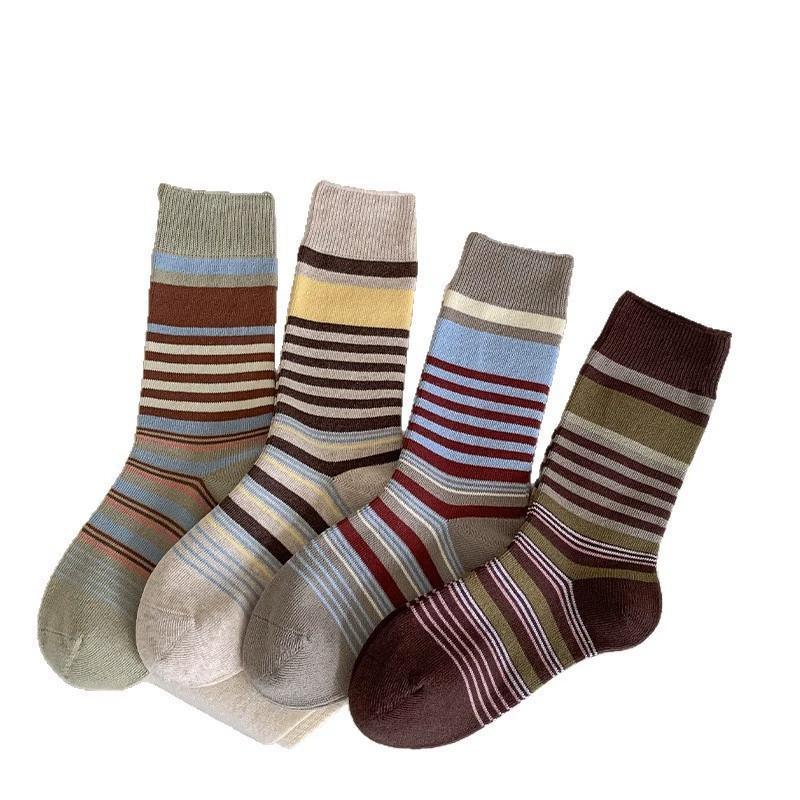 1 Pair/4 Pairs Women's Korean Retro Striped Socks, Mulard Color Blocking Ankle Socks, Breathable Cotton Birkentragen Stacking Socks
