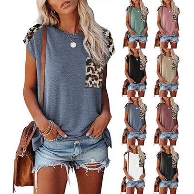 Damen Casual Rundhals Panel Leopardenmuster Tasche Drop Shoulder T-Shirt, Europäischer Amerikanischer Stil Lässiges Oberteil für Grenzüberschreitende Mode