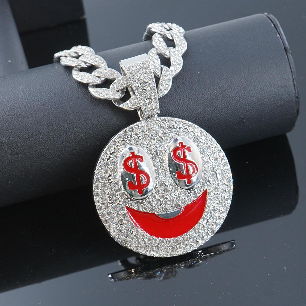 Hip Hop New Product Full Diamond Smiling Face USD Alloy Pendant Personalized European and American Men's Cuban Chain Rock Bounce Di Necklace