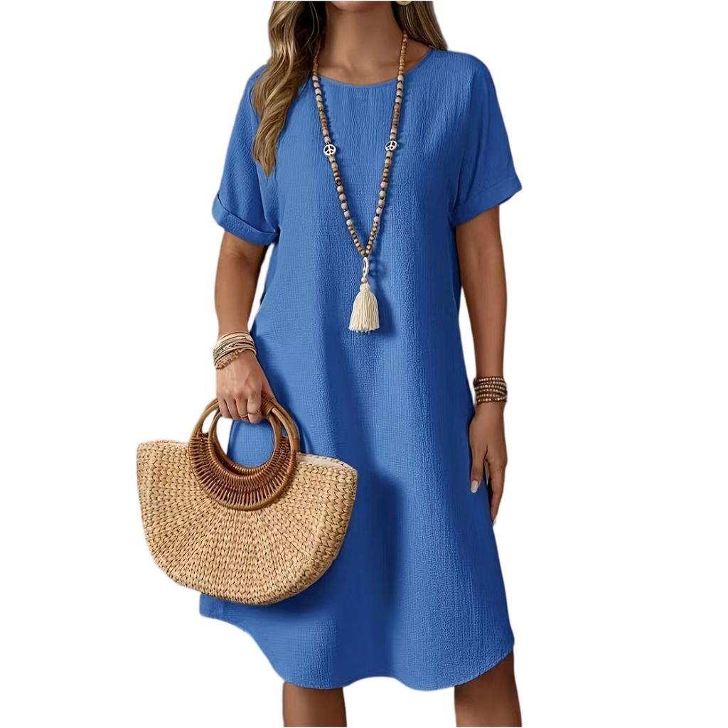 Women's Summer Casual Solid Color Round Neck Short Sleeve Mid-length Loose Dress