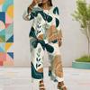 Women Plus Size Round Neck Long Sleeve Printed Layered Top Wide Leg Cropped Pants Two Piece Set