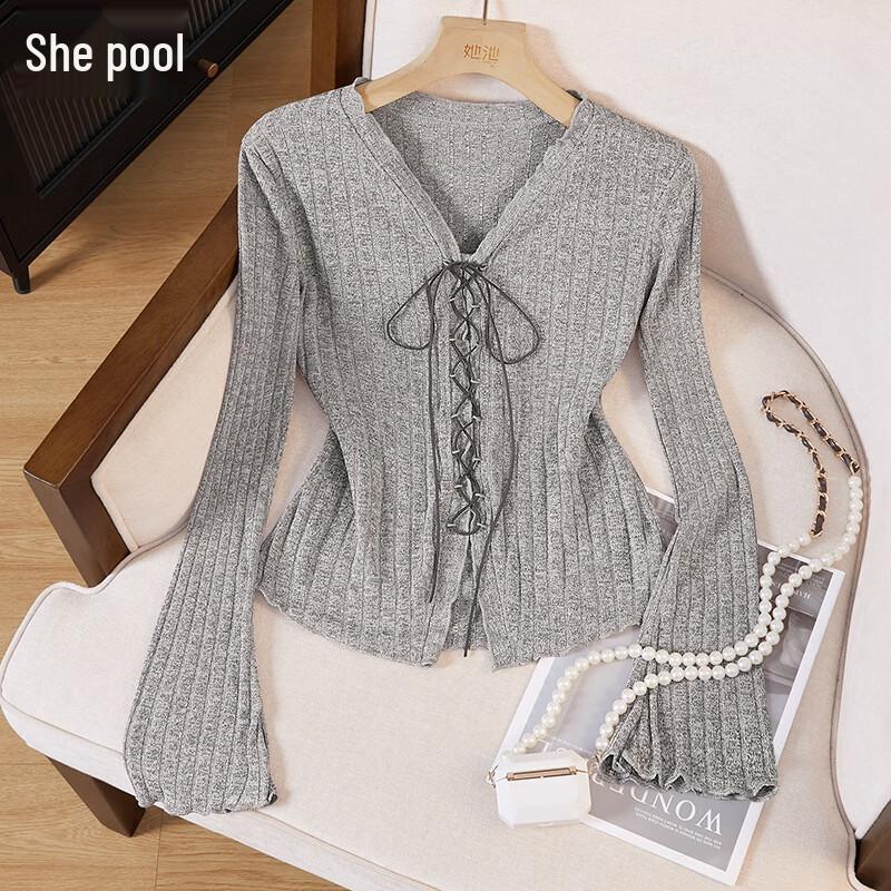

Women s Elegant V-Neck Tie-Waist Slim-Fit Knit Top with Flare Sleeves One Size