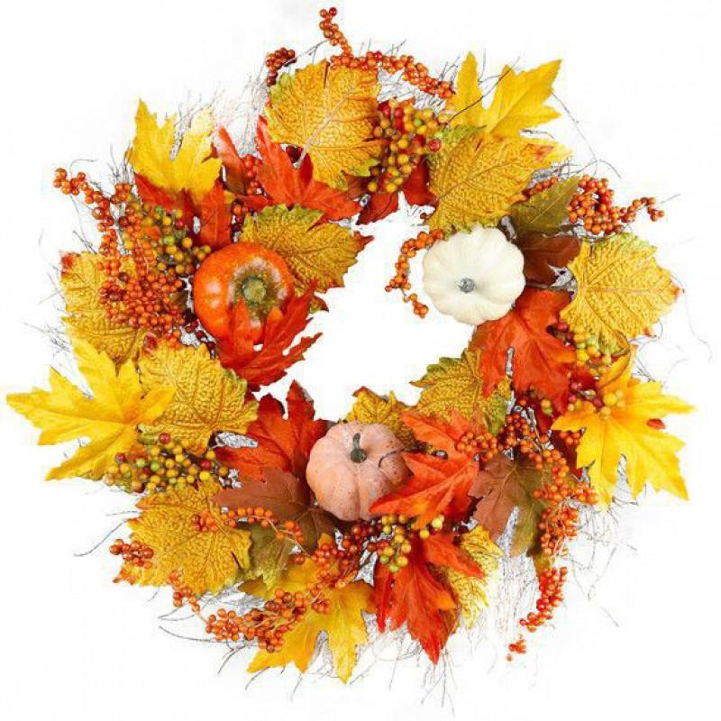 Harvest Wreath With Pumpkins Berries Vine Circle Halloween Thanksgiving Door Decor