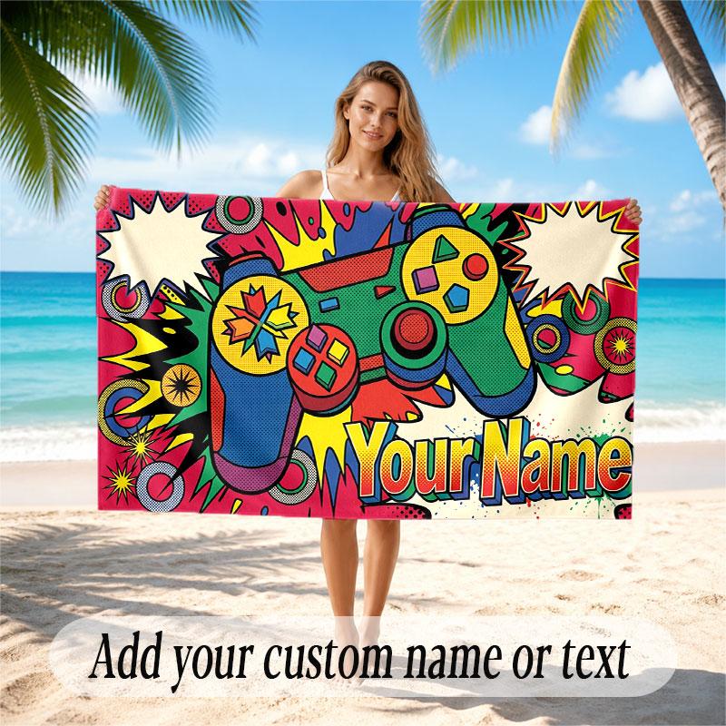 Game Controller Theme Beach Towel Personalized Custom Name & Text Soft Quick Dry Beach Towel for Swimming Travel