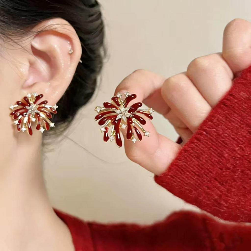 2026 Best-Selling New Year Red Zirconia Firework Stud Earrings for Women – Unique, Beautiful Niche Ear Clips