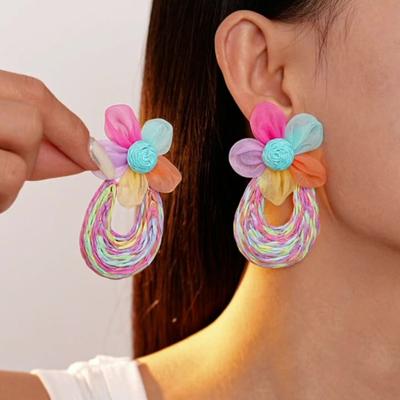 Hook Piercing Straw Weave Earrings U-shaped Beach Drop Earrings Mesh Flower Earrings  Party