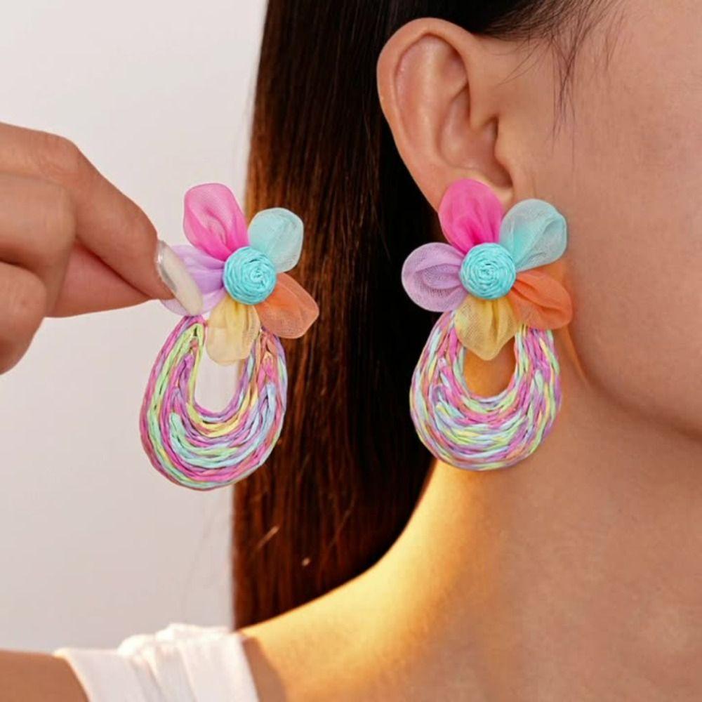 U-shaped Mesh Flower Earrings Hook Piercing Beach Drop Earrings Straw Weave Earrings  Party