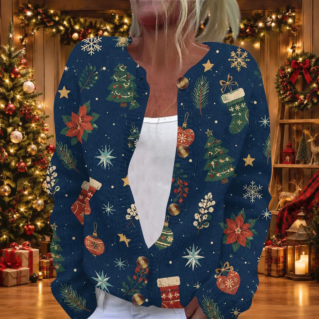 Women's Christmas Print Long Sleeve Knit Cardigan with Buttons for Holiday