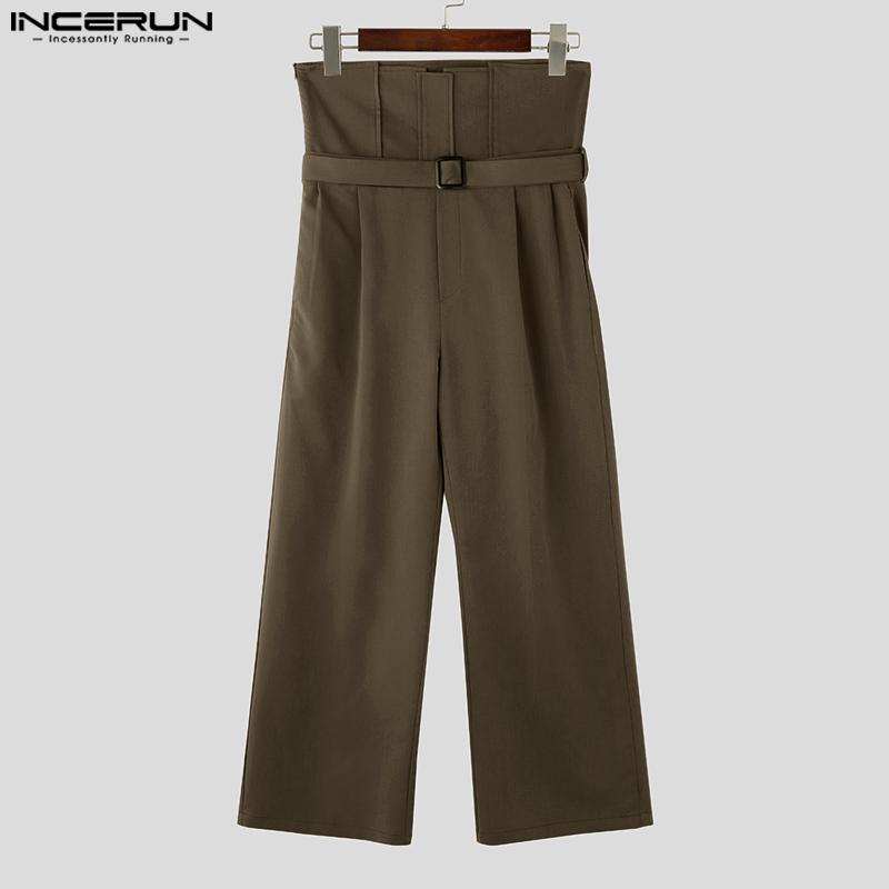 INCERUN Men High Waist Zipper Straight Pants Solid Casual Loose Long Trousers
