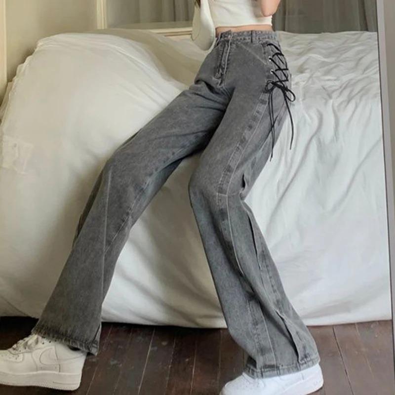 Y2K Street Women Jeans Pants American High Waist Lace Up Chic Female Casual Pants Korean Vintage Ladies Wide Leg Trousers
