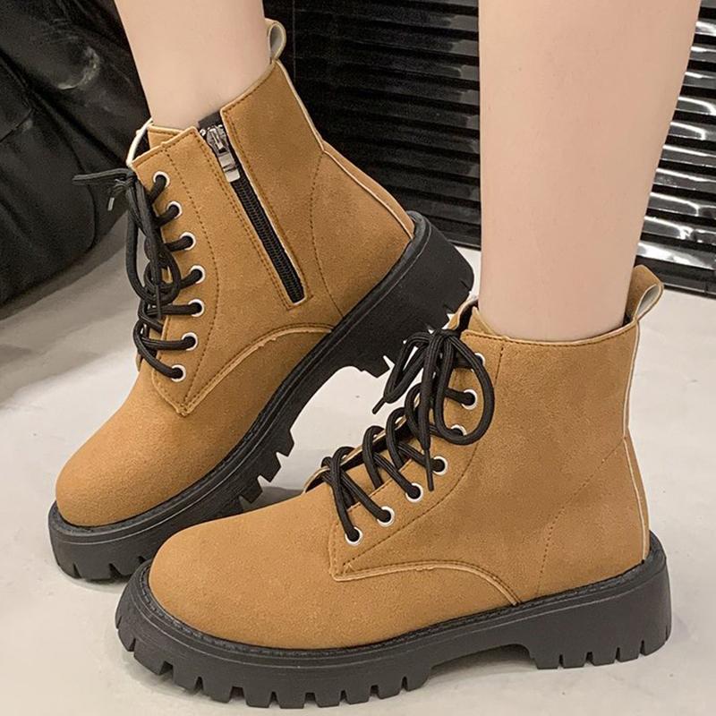 Fashion Lace Up Decoration Boots for Women Autumn Winter Korean Faux Suede High Top Ankle Boots Woman Zipper Platform Booties Mujer