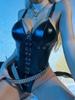 Sex Hollow Out Sexy Lingerie Faux Leather Y2k Clothes Sleeveless V-Neck Bodysuit for Women Club Streetwear Romper Bondage Outfit