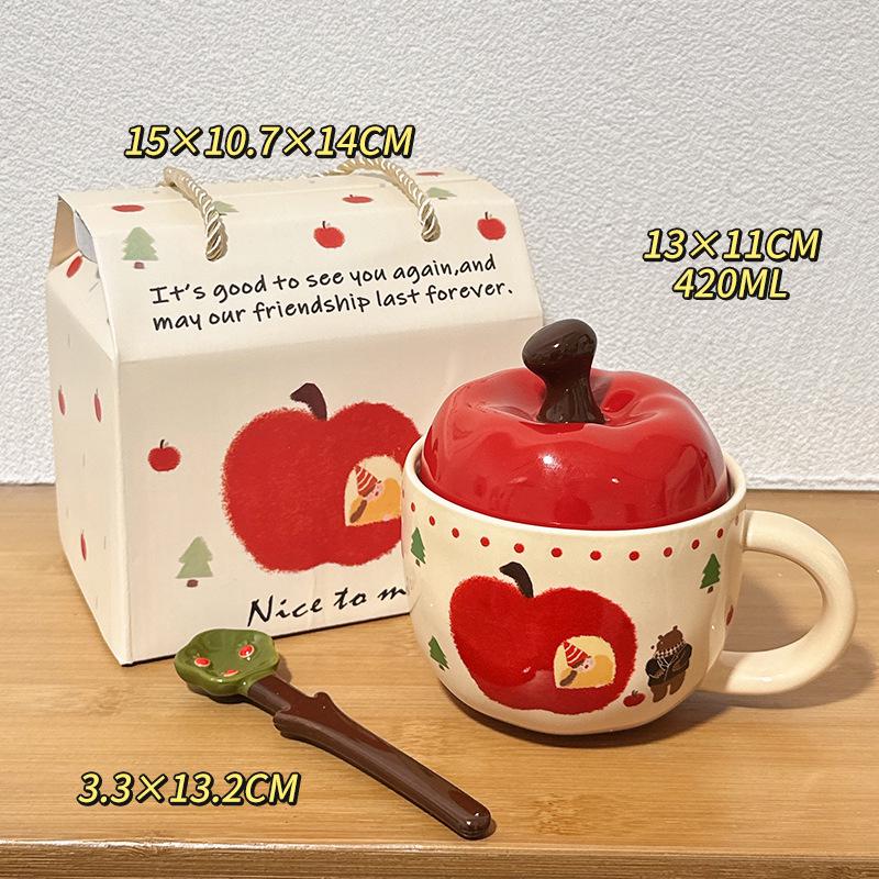 Apple Ceramic Mug with Lid & Spoon - Cute Office & Breakfast Cup, Perfect Birthday Gift for Women