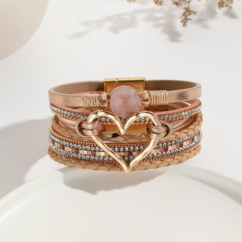Boho Layered Leather Wrap Bracelet With Natural Stone Heart Charm Women
