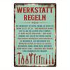 Vintage German Workshop Rules Metal Tin Sign - 8x 12 Inches, Rustic Teal Wall Art with Tool Illustrations for Home, Farmhouse